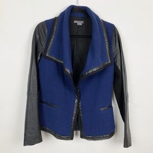 Vince Wool Blend Moto Leather Jacket Coat Raw Trim Drape Wide Lapel Women Size 4